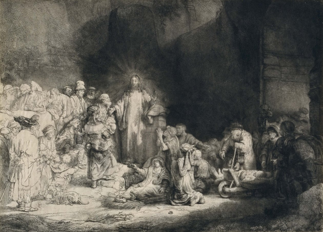 Kristus s nemocným kolem sebe, přijímání malých dětí (Tisk sto guldenů) od Rembrandt van Rijn