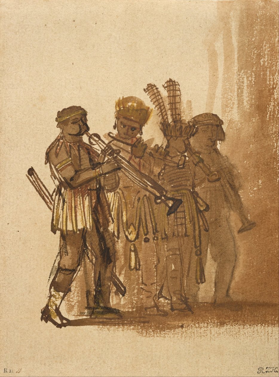 Čtyři hudebníci s dechovými nástroji od Rembrandt van Rijn