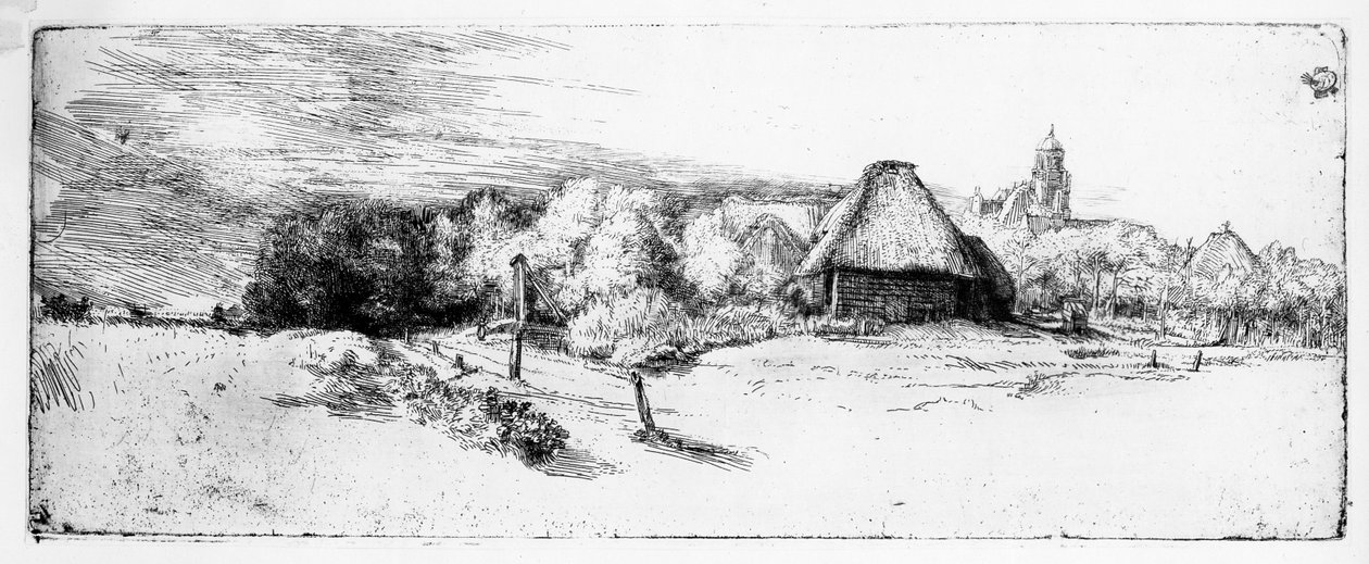 Krajina s věží, kolem 1651 od Rembrandt van Rijn