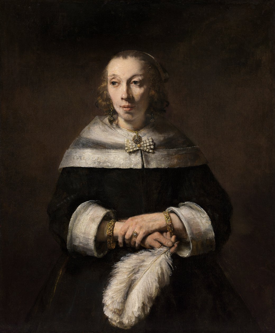Portrét dámy s vějířem z pštrosího peří od Rembrandt van Rijn