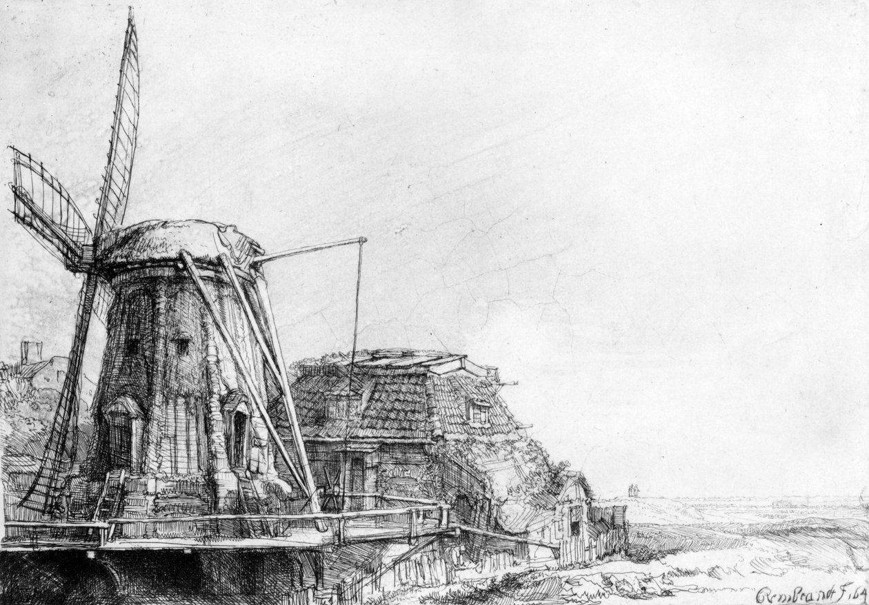 Větrný mlýn, 1641 (lept) od Rembrandt van Rijn