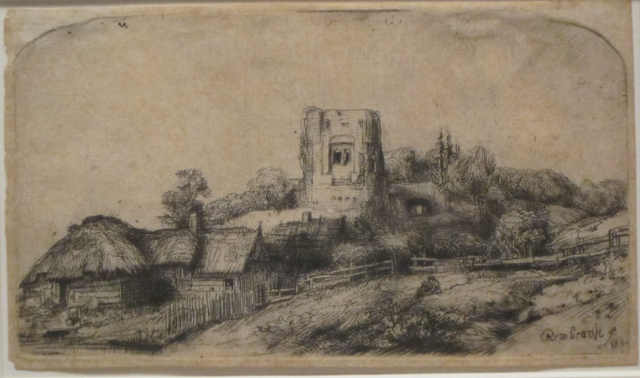 Krajina s hranatou věží od Rembrandt