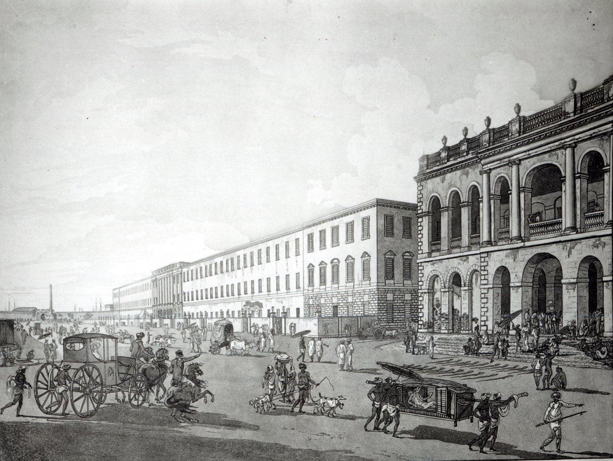 Primátorský dvůr a budova spisovatelů, Kalkata, 1786 (akvatinta) od Rev. Edward Thomas Daniell