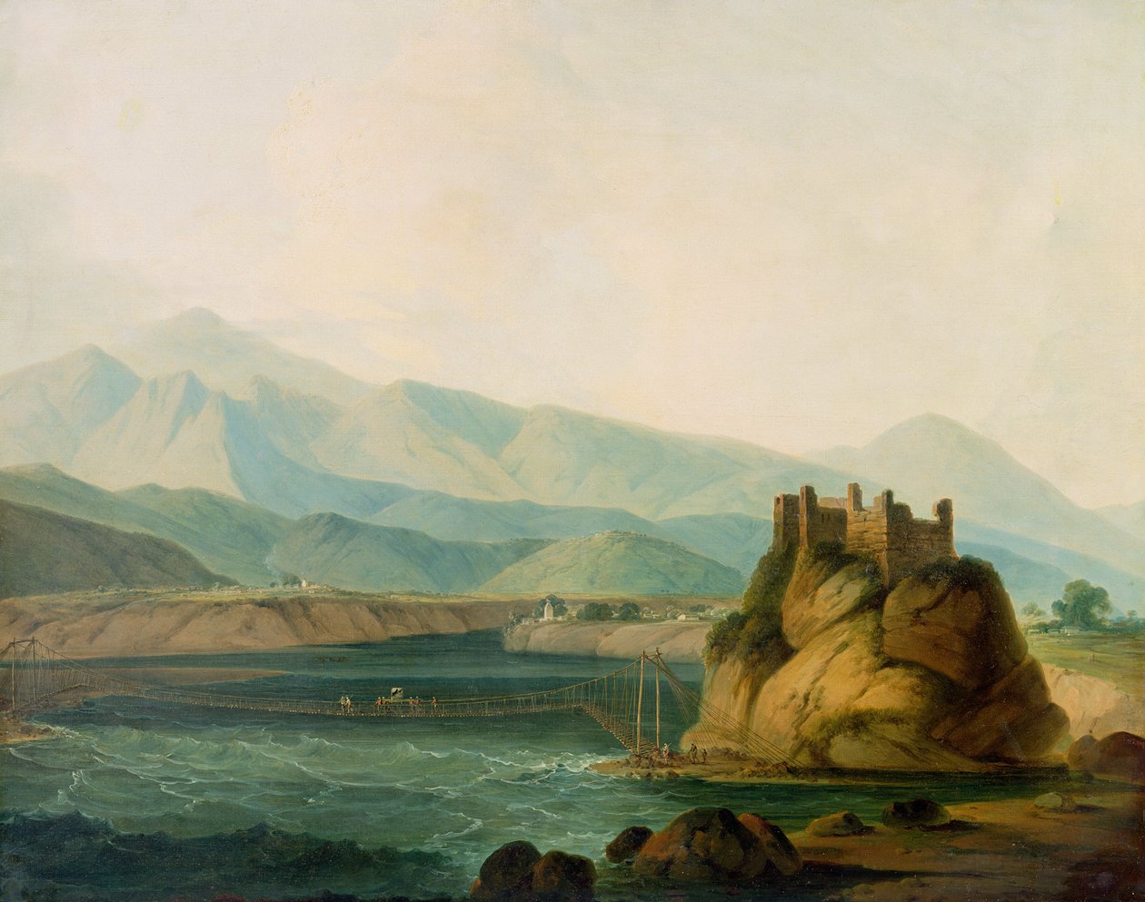Lanový most v Serinaguru, kolem roku 1800 od Rev. Edward Thomas Daniell