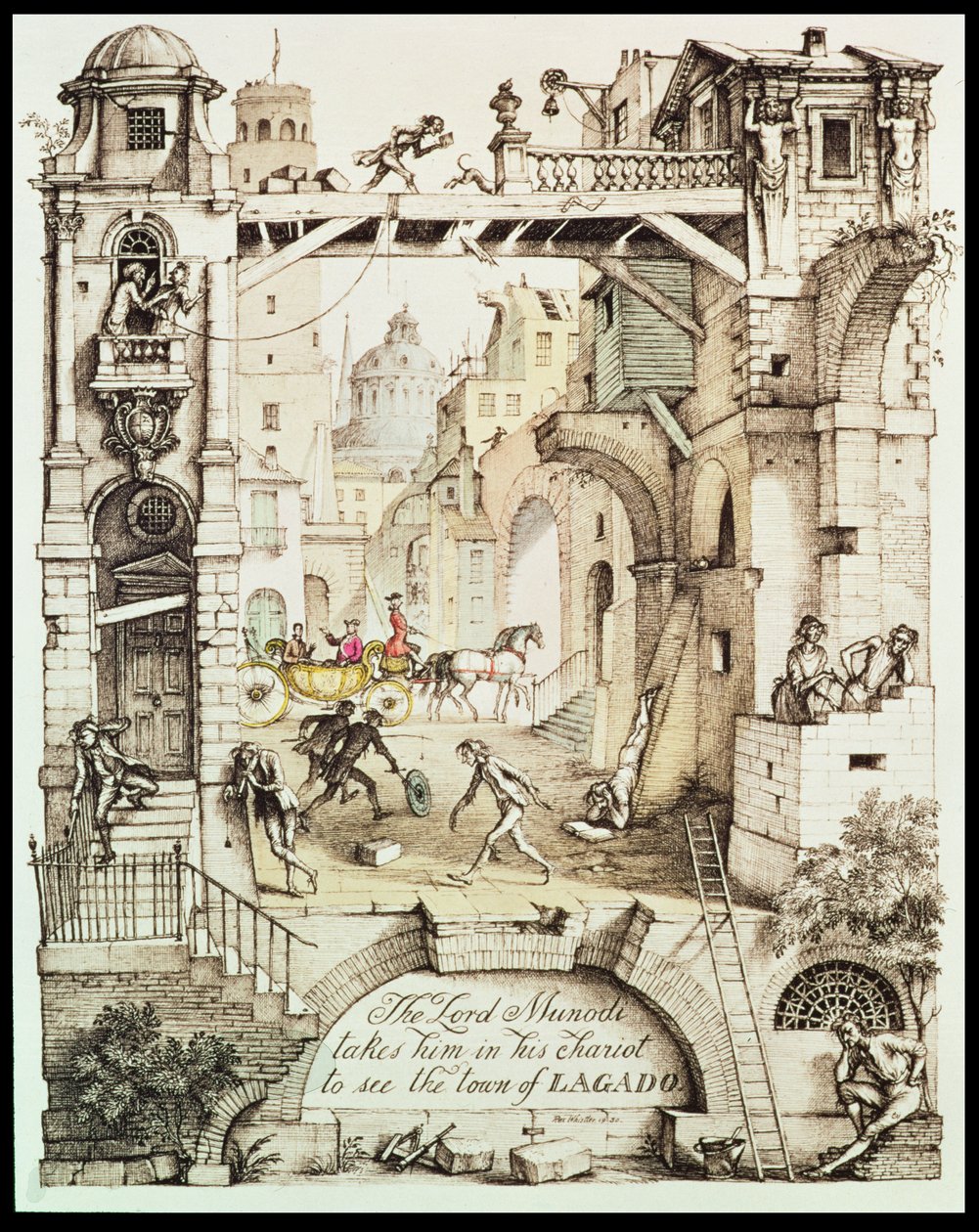 "Pán Munodi ho veze na svém voze, aby si prohlédl město Lagado", ilustrace z knihy Jonathana Swifta (1667-1745) "Gulliverovy cesty". od Rex Whistler
