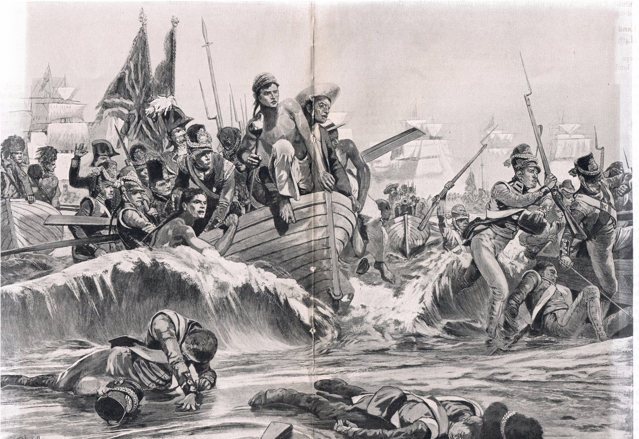 Vylodění britských vojsk v Abúkirském zálivu, ilustrace z knihy "British Battles on Land and Sea", vydané nakladatelstvím Cassell, Londýn, cca 1910. od Richard Caton Woodville