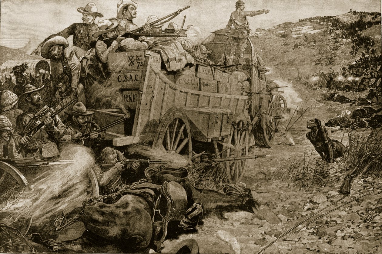 Matabelská válka, 1893: Útok na lager vozů na řece Imbembezi, 1. listopadu, z "The Illustrated London News", 1901 od Richard Caton Woodville