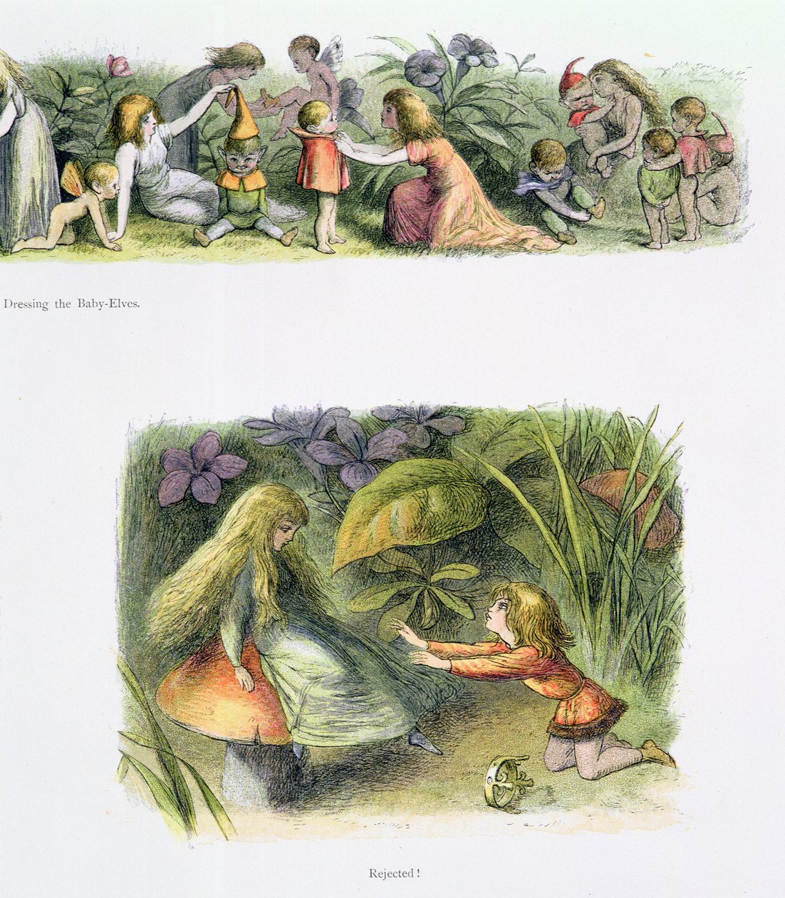 Dressing the Baby Elves, and Rejected!, ilustrace z „In Fairyland: A Series of Pictures from the Elf-World“ od Williama Allinghama a Andrewa Langa (viz také 222018) od Richard Doyle