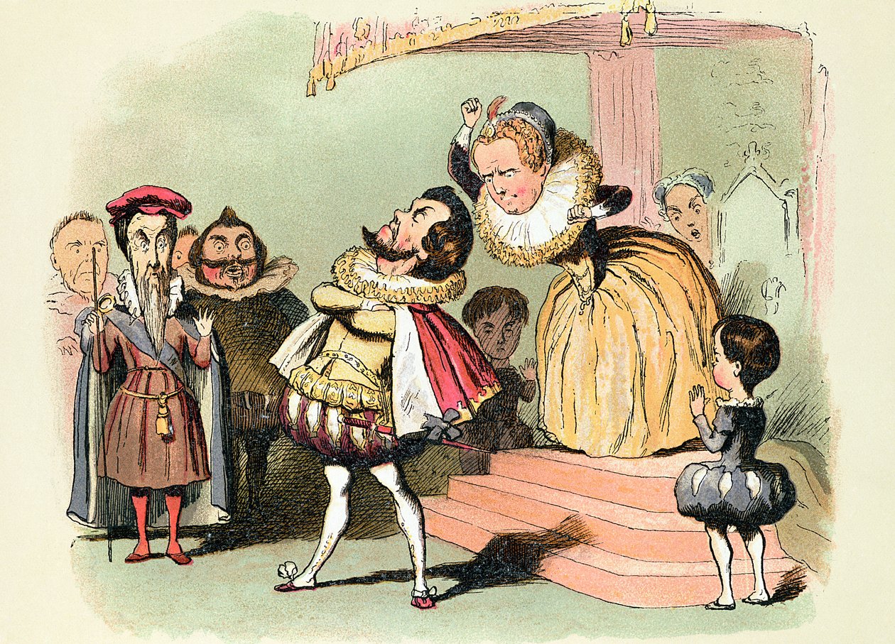 Alžběta I. (1533-1603): s Robertem Devereuxem, 2. hrabětem z Essexu, v radě, 1586, (karikatura, tisk) od Richard Doyle