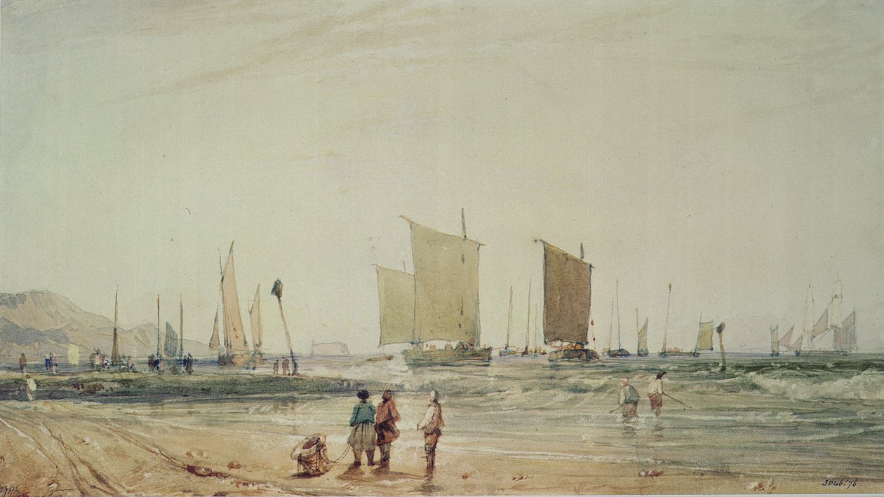 Francouzské pobřeží s rybářskými loděmi, 19. století (akvarel) od Richard Parkes Bonington