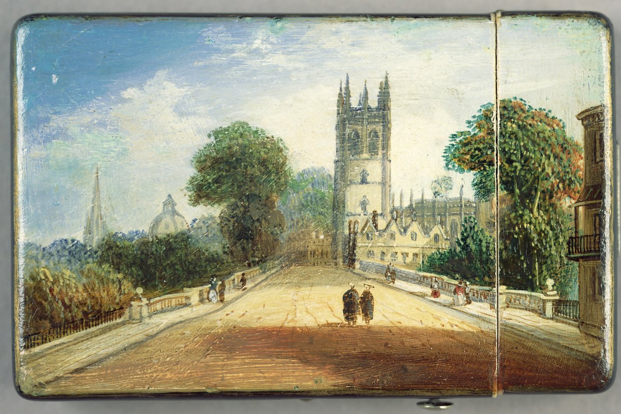 Viktoriánské pouzdro na karty, se scénou Magdalen College, Oxford (papier mache) (viz 256309 pro obrácení) od Richard Phene and Benjamin W. Spiers