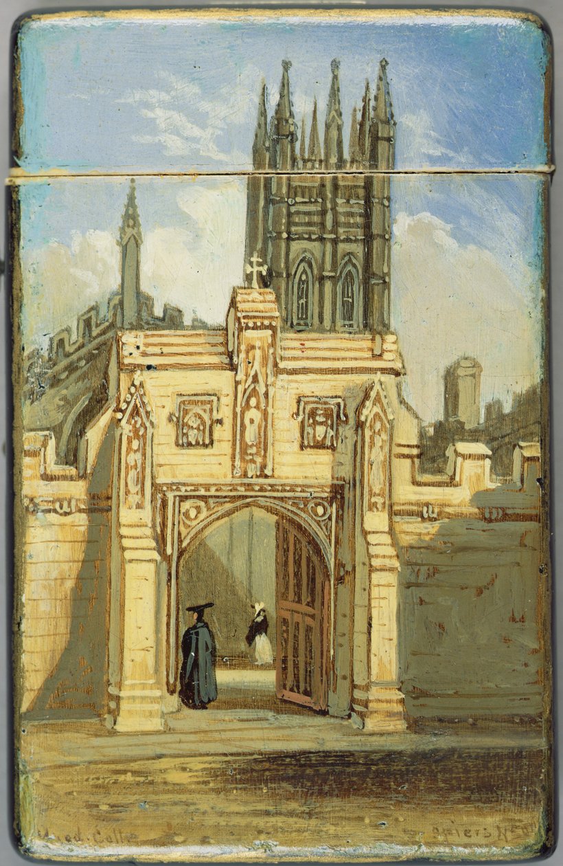 Viktoriánské pouzdro na karty, se scénou Magdalen College, Oxford (papier mache) (viz 256310 pro obrácení) od Richard Phene and Benjamin W. Spiers
