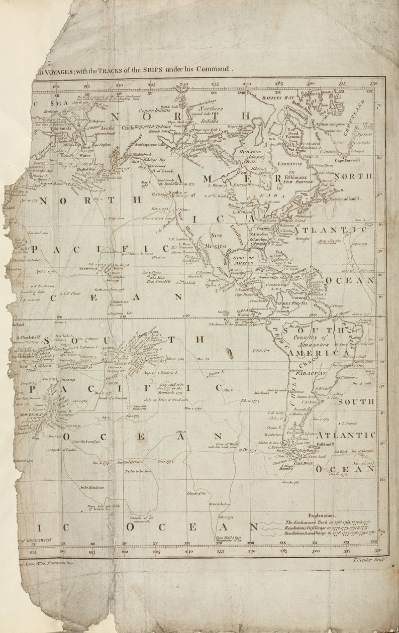 Mapa Cookových cest, c 1780 od John Pardon