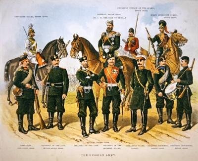 Ruská armáda, cca 1890 (barevná litografie) od Richard (after) Simkin