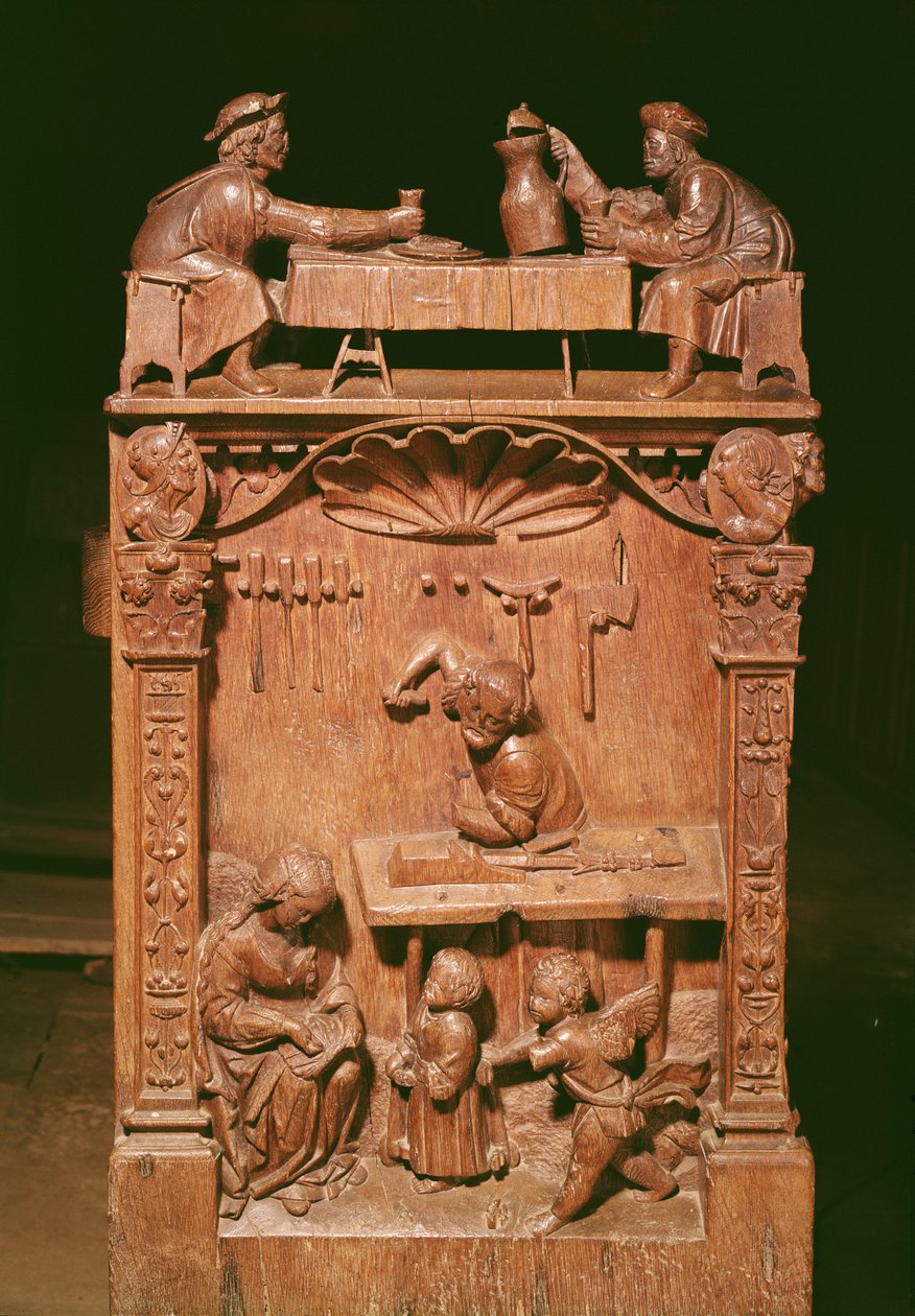 Chrámové stánky s vyobrazením (nahoře) bratrů Rigoleyových a (dole) dílny v Nazaretu, 1526 (dřevo) od Rigoley Brothers