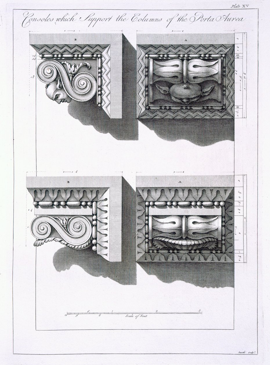 Konzoly, které podpírají sloupy Porta Aurea, z publikace "Ruiny paláce císaře Diokleciána ve Spalatru v Dalmácii", vydané v roce 1764. od Robert Adam