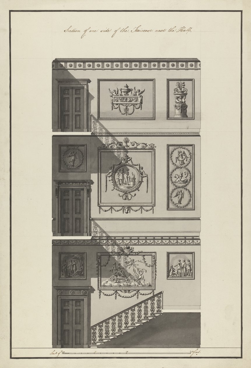 Headfort House. Schodiště, boční část, 1775 (pero & inkoust a wc mytí na papíře) od Robert Adam