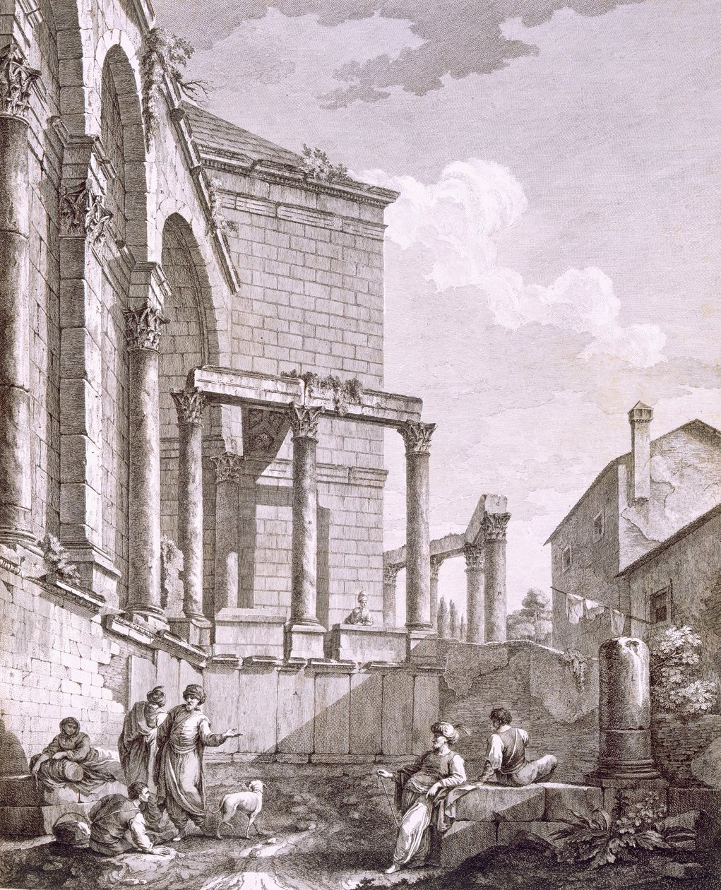 Boční pohled na Jupiterův chrám z knihy "Ruiny paláce císaře Diokleciána ve Spalatru v Dalmácii", vydané v roce 1764. od Robert Adam