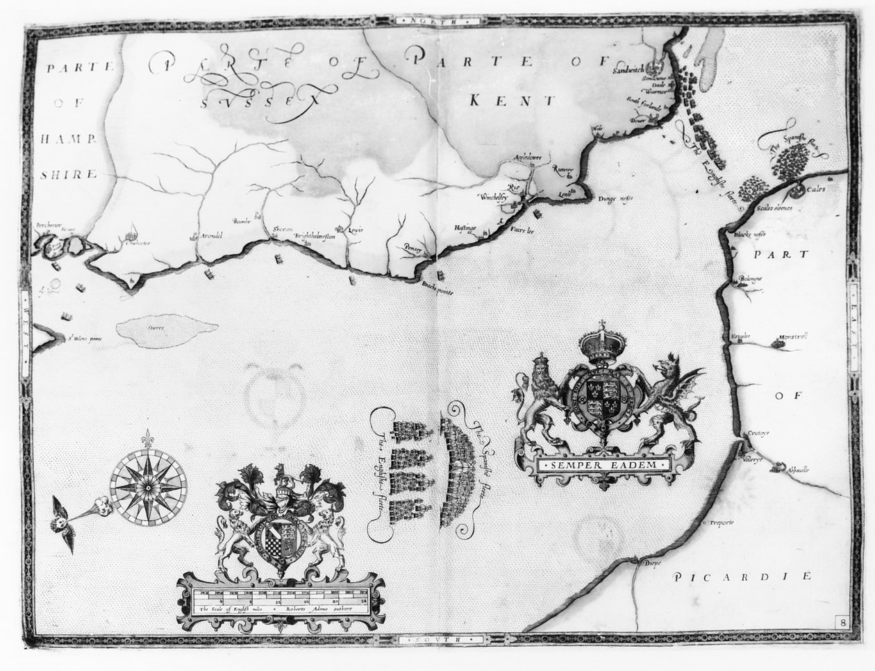 Mapa č. 8 znázorňující trasu flotily Armady, vyryl Augustine Ryther, 1588 od Robert Adams