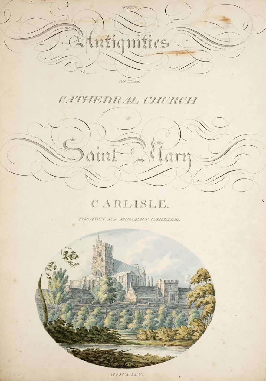 Paní Nová Coll 380, f1r. Starožitnosti katedrálního kostela Saint Mary, Carlisle, kreslil Robert Carlile, 1795 (rytina a wc na papíře) od Robert Carlile