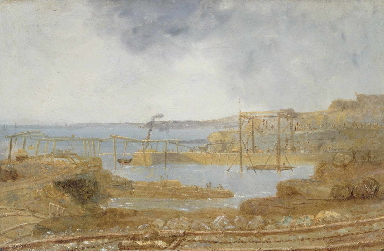 Sketch of Inner Harbour, A Temporary Crane, květen 1829 od Robert Mackreth