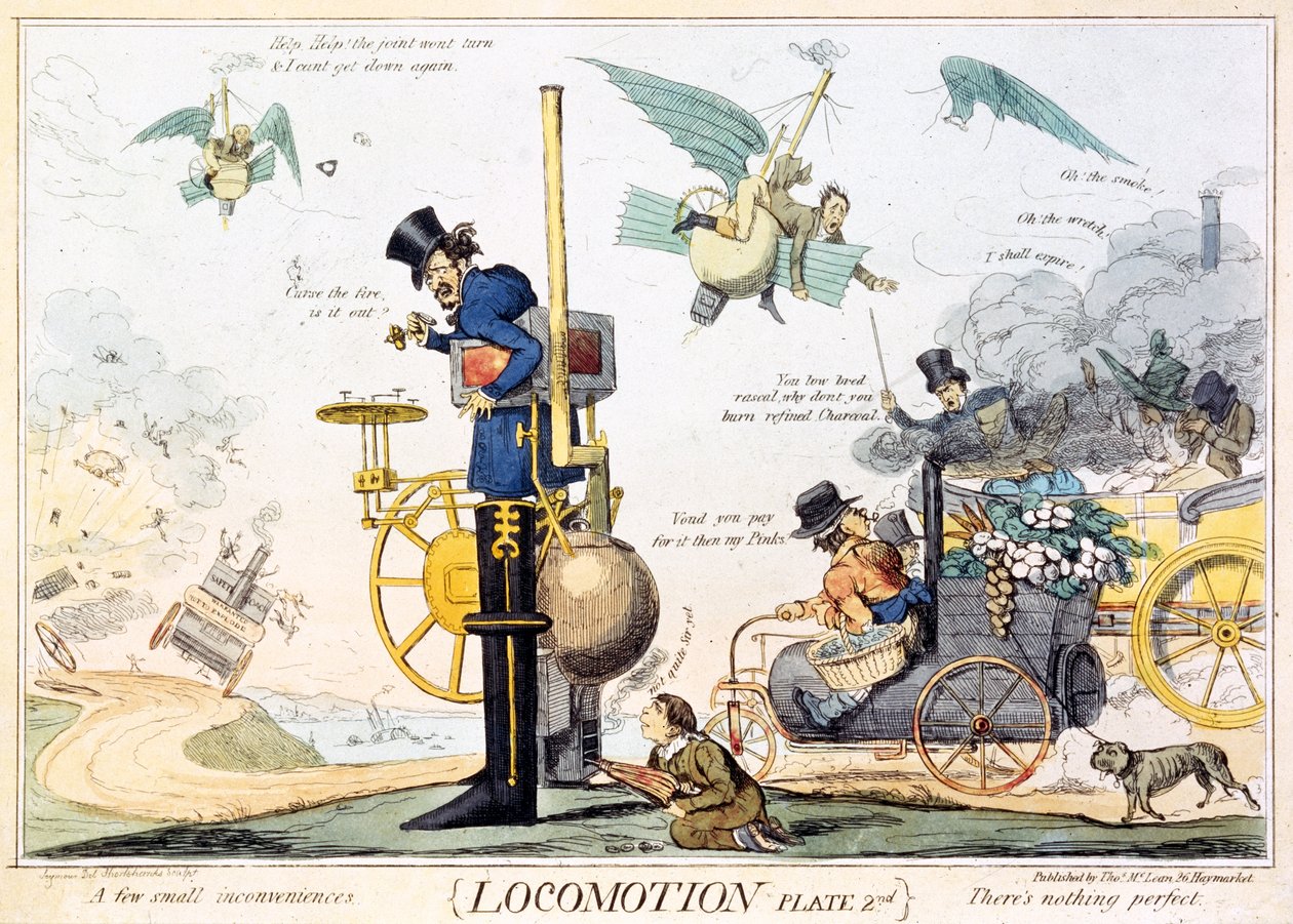 Locomotion, Plate 2nd, publikoval Thomas McLean, kolem roku 1835 (ručně kolorovaná rytina) od Robert Seymour