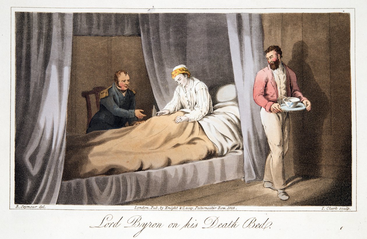 Lord Byron na smrtelné posteli, z The Last Days of Lord Byron od Williama Parryho, hospoda. 1825 (ručně kolorovaná rytina) od Robert Seymour