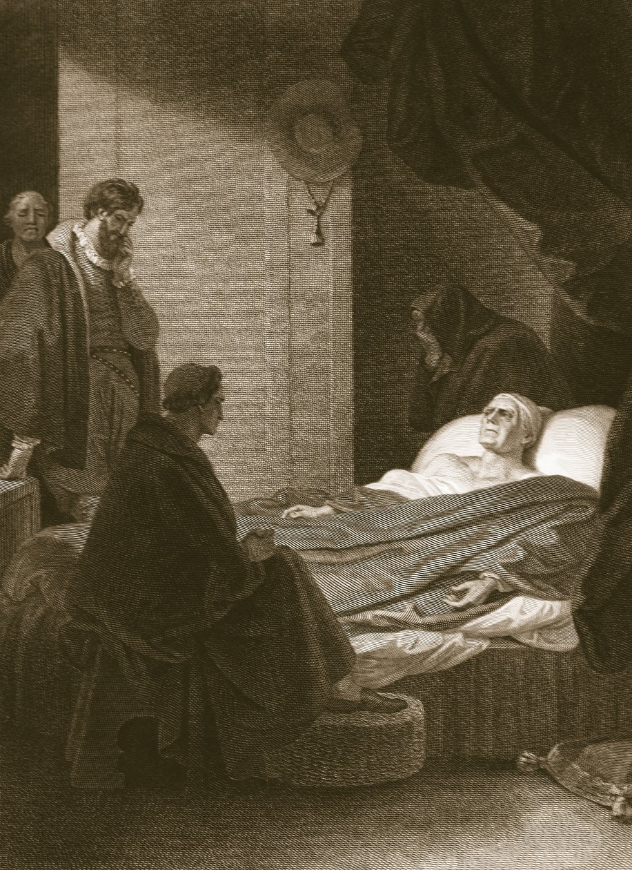Smrt kardinála Wolseyho, vyryl A. Smith, ilustrace z publikace Davida Humea 