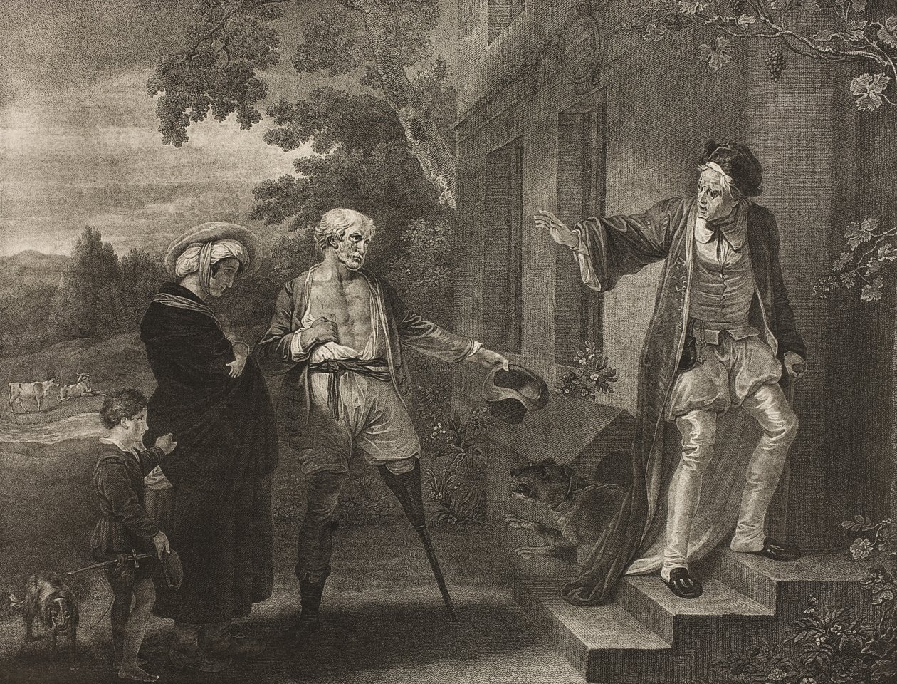 Sedm věků člověka, Šestý věk, dějství II, scéna VII, z „Jak se vám líbí“ z The Boydell Shakespeare Gallery, vydané koncem 19. století od Robert Smirke
