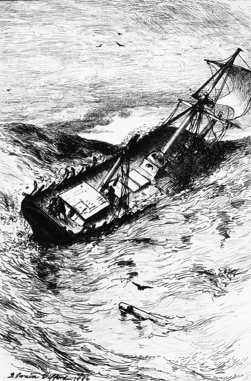 Wreck of the Grampus, ilustrace z „Příběhu Arthura Gordona Pyma z Nantucketu“ od Edgara Allana Poea, 1884 od Robert Swain Gifford