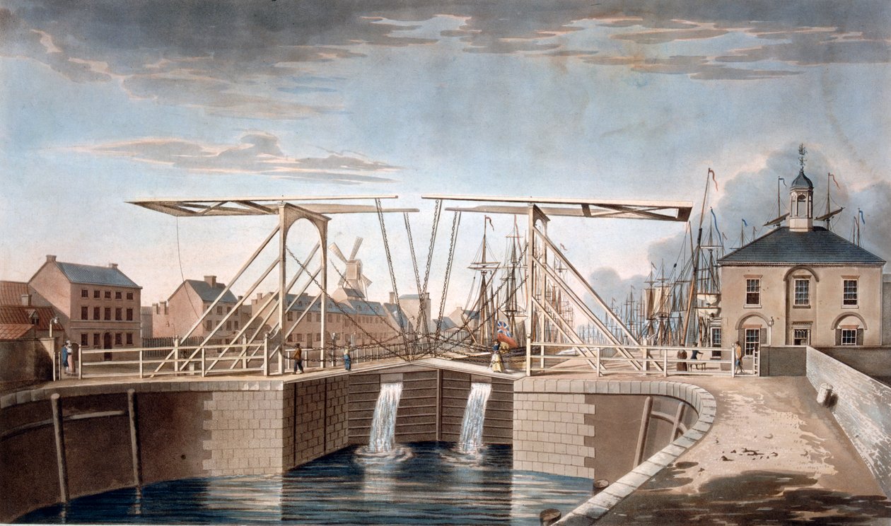Bascule Bridge a nové doky v Kingston-upon-Hull, Yorkshire, 1786 (barevná akvatinta) od Robert Thew
