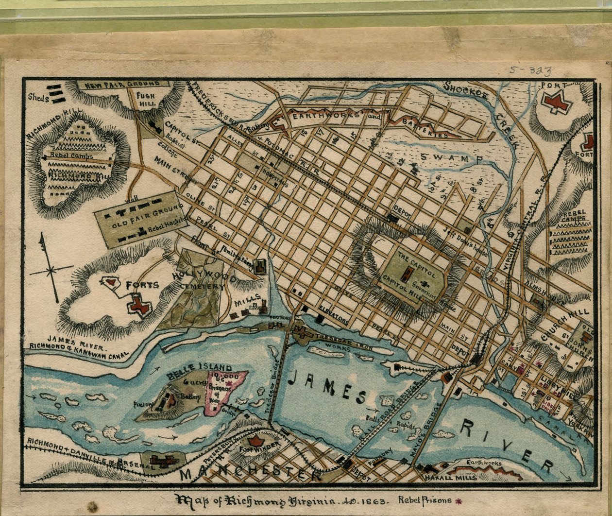 Mapa Richmondu ve Virginii...1863. LOC gvhs01.vhs00051 od Robert Knox Sneden