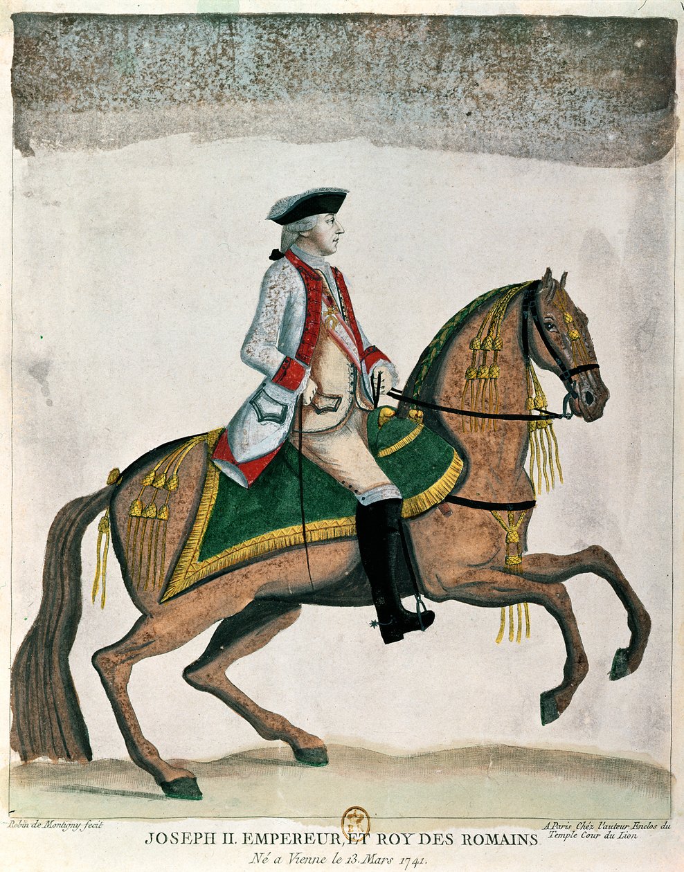 Jezdecký portrét císaře Josefa II (1741-90) kolem roku 1785 (barevná rytina) od Robin de Montigny