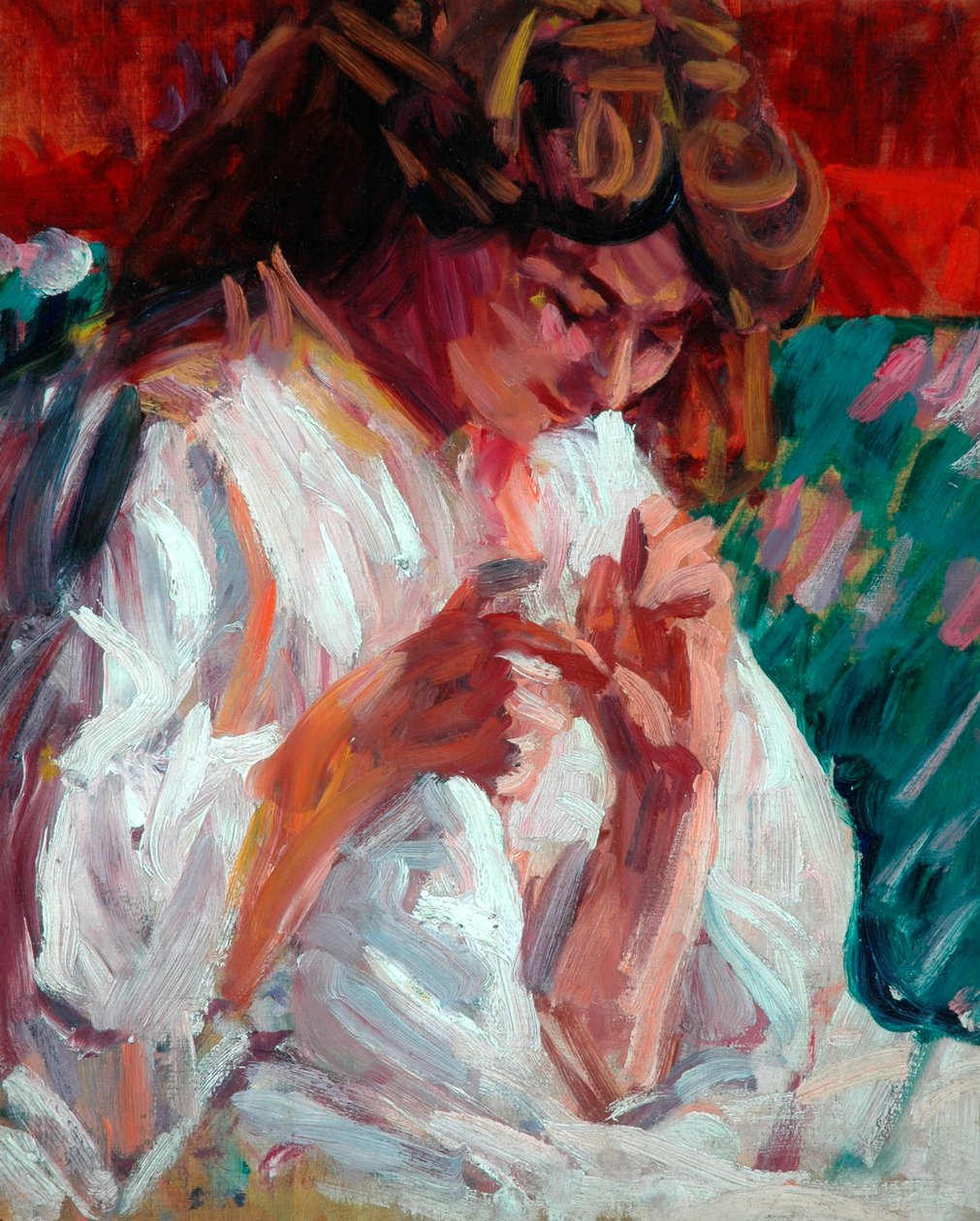 Dívka opravující, 1901 (olej na překližkové desce) od Roderic O Conor