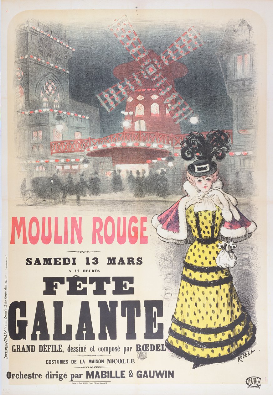 Plakát propagující "Fete Galante" v Moulin Rouge na Montmartru v Paříži. konec 19. stol. od Roedel