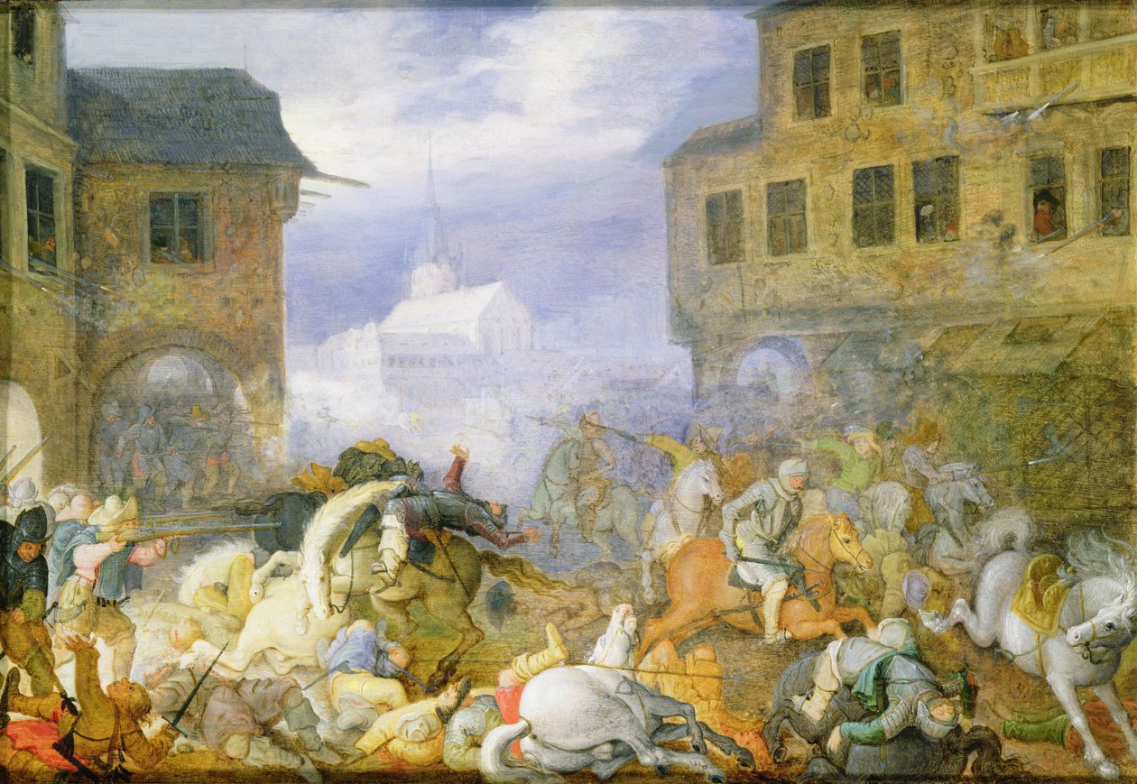 Pouliční bitva na Malostranském náměstí (Kleinseite Platz) u Prahy, 15. února 1611, z roku 1611 od Roelandt Jacobsz. Savery