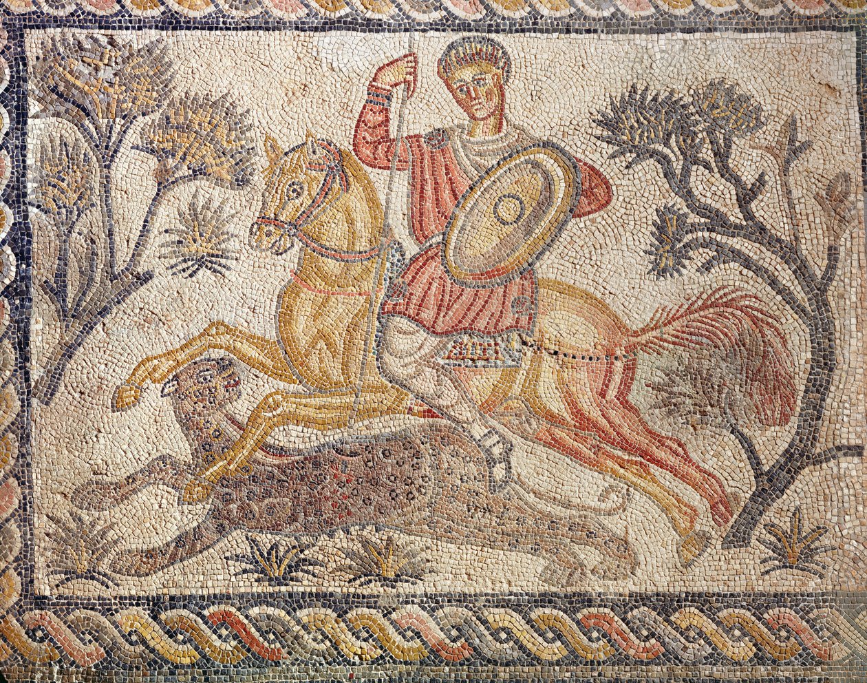 Mozaika zobrazující lov leopardů z Villa de las Tiendas, c.326-400 (mozaika) od Roman