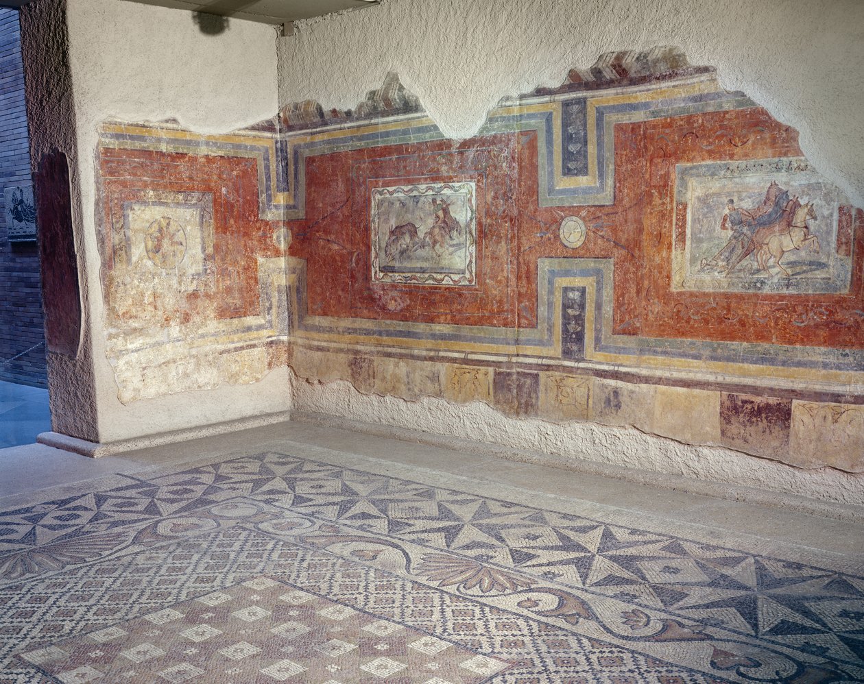 Rekreace interiéru římského domu s mozaikovými podlahami a nástěnnými malbami zobrazujícími cirkusové a lovecké scény (fresky a mozaiky) od Roman