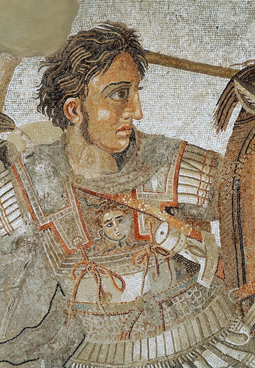 Alexandr Veliký (356–323 př. n. l.) z „Alexandrovské mozaiky“, zobrazující bitvu u Issu mezi Alexandrem a Dariem III. (399–330 př. n. l.) v roce 333 př. n. l., podlahová mozaika odstraněna z Casa del Fauno (domu od Roman