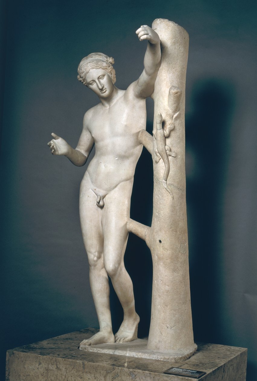 Apollo Sauroktonos (Zabiják ještěrek) Římská kopie řeckého bronzu vyrobená kolem roku 350 př. n. l. a připisovaná Praxiteles (fl.c. 370-339 př. n. l.) (mramor) od Roman