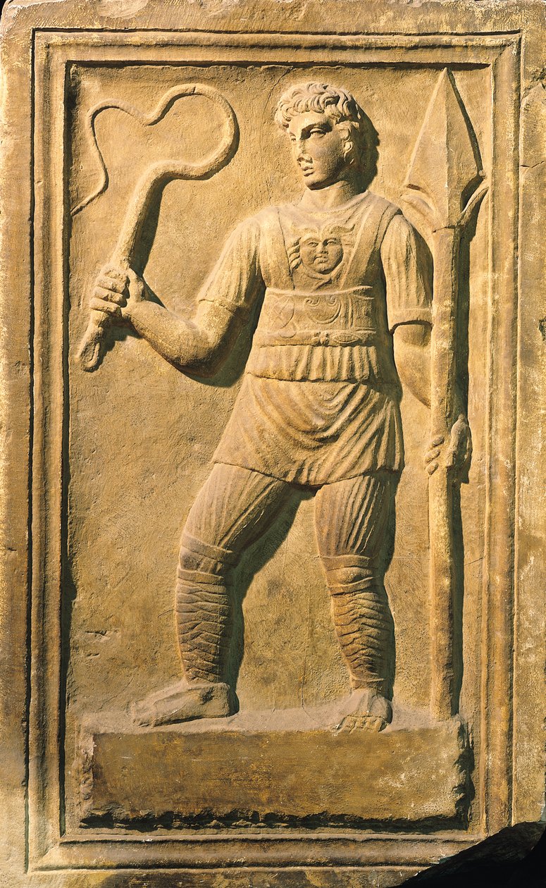 Reliéf zobrazující gladiátora držícího bič a kopí od Roman