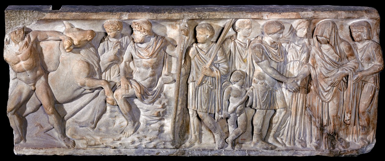 Sarkofág zobrazující Jasona a býka dýchajícího oheň v Colchis, 753-476 př.nl (mramor) od Roman