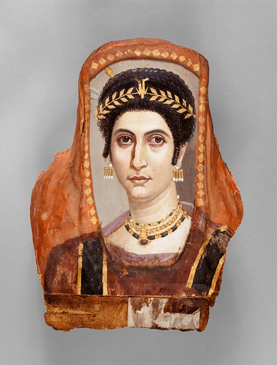 Mumiový portrét ženy, c. 100-10 nl (enkaustika na dřevě, se zlacením a plátnem) od Roman Period Egyptian
