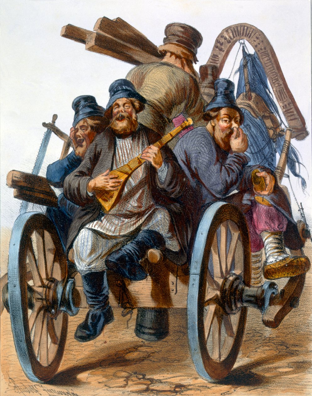 Skupina opilých rolníků zpívajících, když jedou domů na voze, 1843 od Rudolf Jukowsky