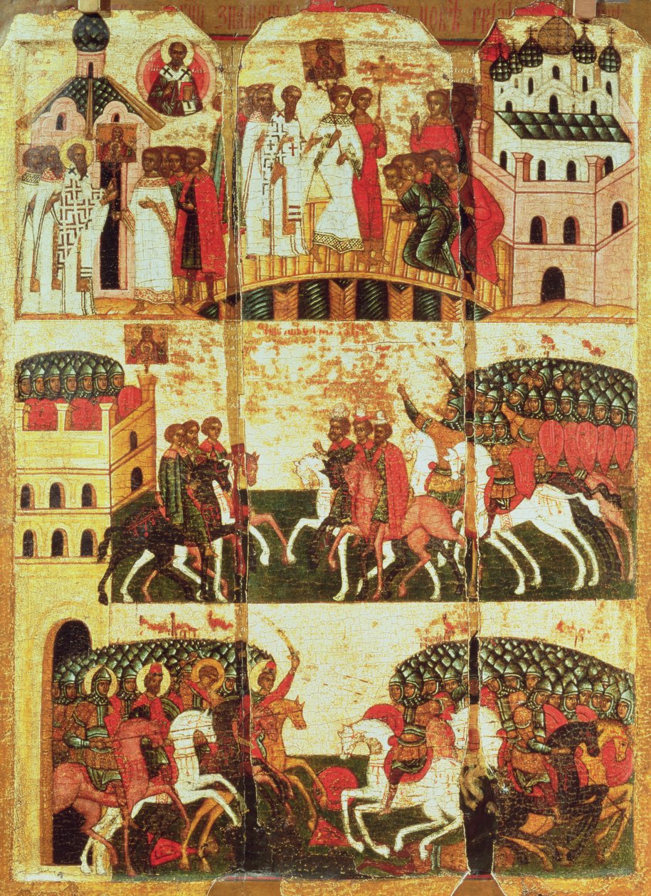 Bitva mezi Novgorodany a Suzdalany (tempera na panelu) od Russian School