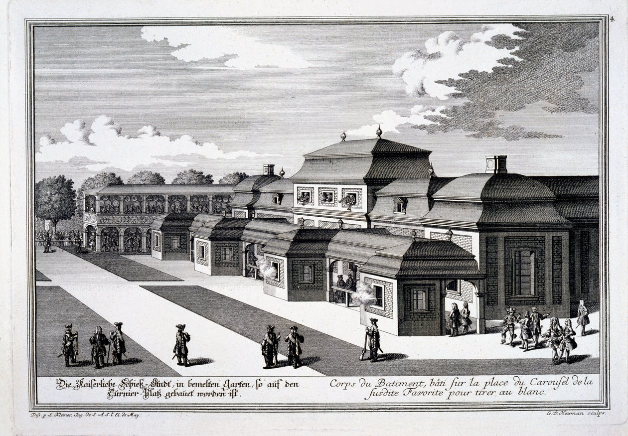 Střelnice postavená na Place du Carrousel pro knížecí palác ve Vídni, z „Prezentace následující Lustgarten mimo Residenz-Stadt Wien“, publikovaná kolem roku 1724-37 od Salomon Kleiner