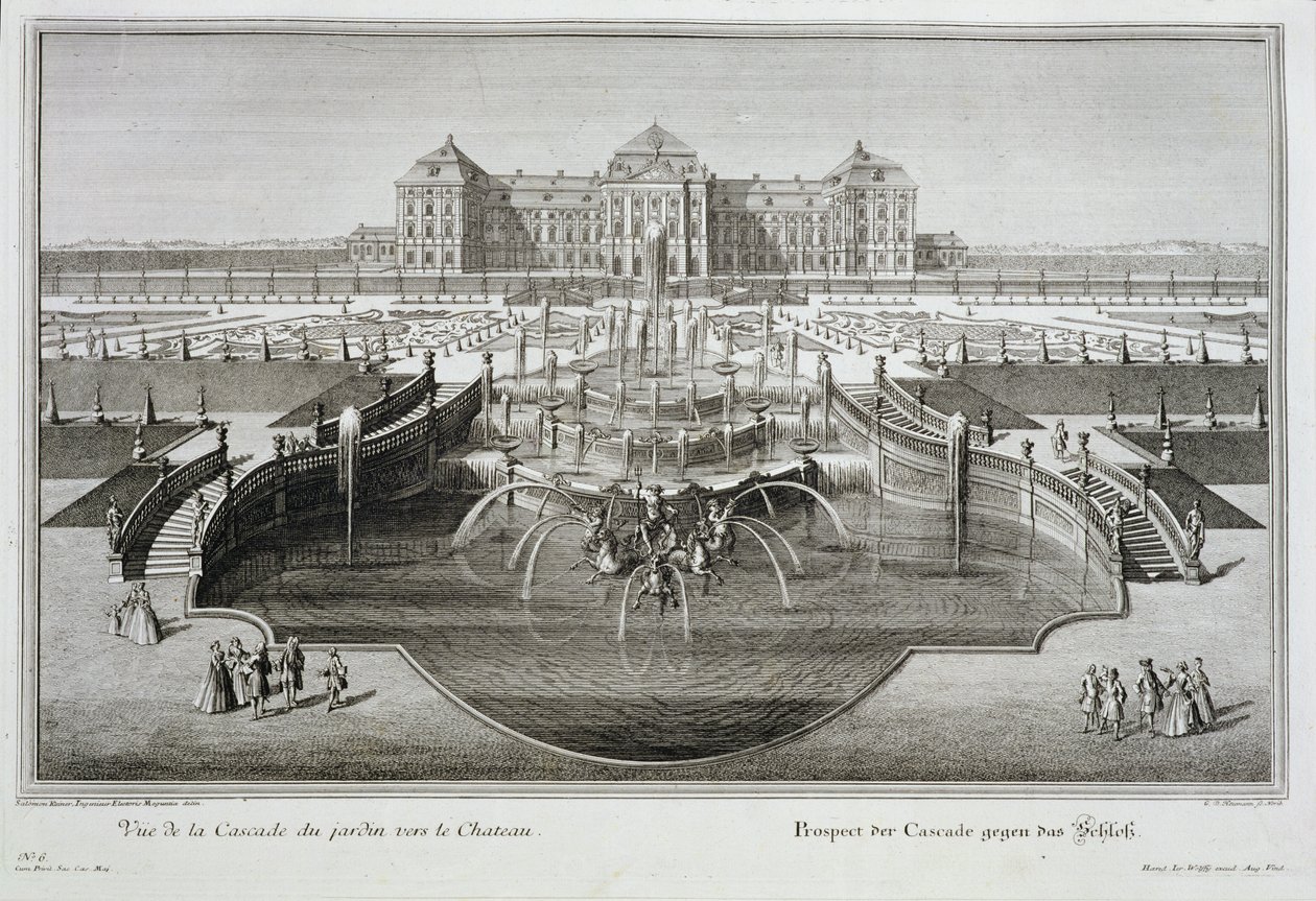 Weissenstein, pohled na zámek z barokní kaskády, ryl Georg-Daniel Heumann (1691-1759), vydáno 1728 od Salomon Kleiner