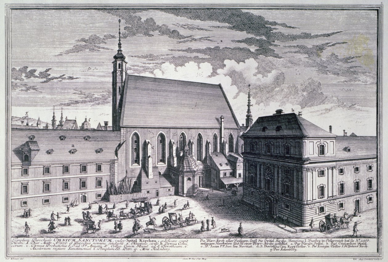 Pohled na kostel Všech svatých, Vídeň, vyrytý Johann-August Corvinus (1683-1738) od Salomon after Kleiner
