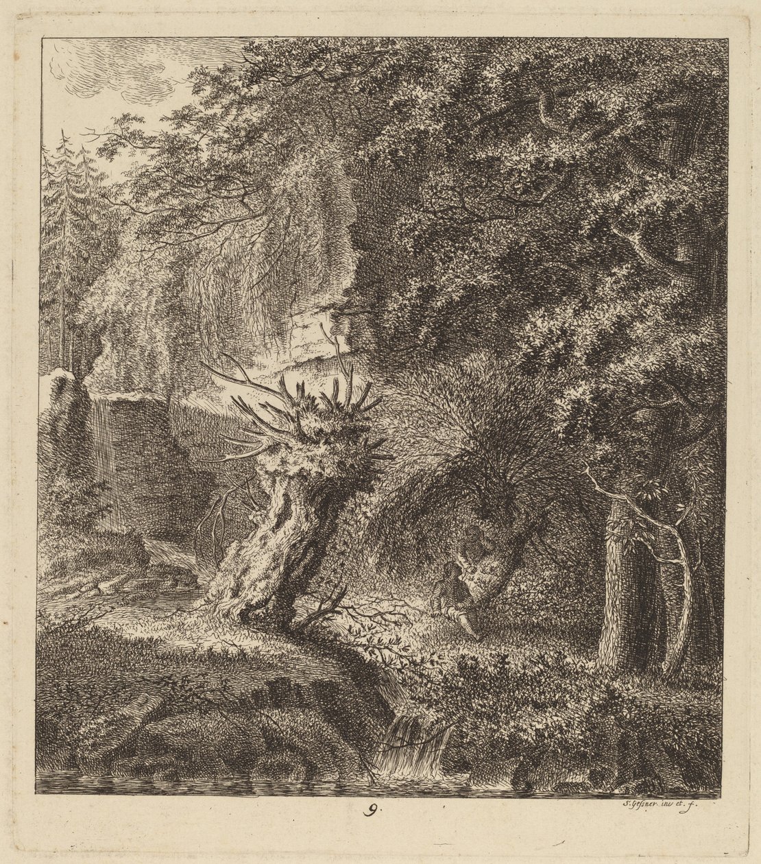 Zalesněná krajina s pollarizovaným stromem, 1764. od Salomon Gessner