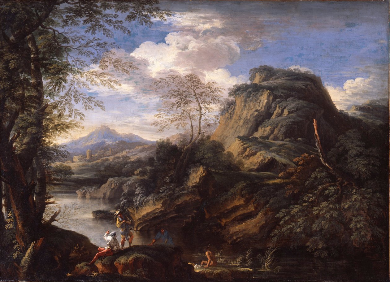Horská krajina s postavami a koupajícím se mužem od Salvator Rosa